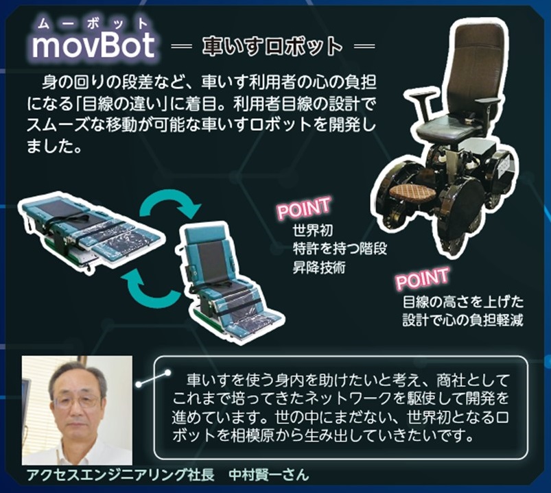 movBot　-車いすロボット-
身の回りの段差など、車いす利用者の心の負担になる「目線の違い」に着目。利用者目線の設計でスムーズな移動が可能な車いすロボットを開発しました。
・point　世界初　特許を持つ階段昇降技術
・point　目線の高さを上げた設計で心の負担軽減